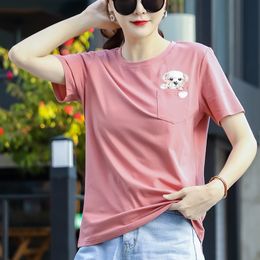 Women T-shirt Casual O-neck Short Sleeve Cartoon Embroidery Printed Pocket Lady Top Streetwear Simple All-match Soft Tees Summer 210412