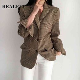 Autumn Winter Vintage Plaid Women's Blazer Coats Single Breasted Fashionable Long Sleeve Formal Jacket Outwear 210428