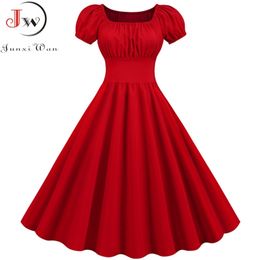 Women Vintage Dress Robe Femme Summer Puff Sleeve Square Collar Solid Red Colour Elegant Party Plus Size Casual Office Midi Dress 210630
