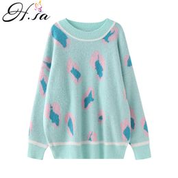 H.SA Leopard Sweater Pullovers for Women Pink Green Sweaters Korean Fashion Patchwork ugly christmas Spring Tops 210417