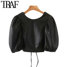 TRAF Women Sexy Fashion Faux Leather Puff Sleeve Cropped Blouses Vitnage Backless Drawstring Female Shirts Chic Tops 210415