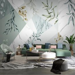 Wallpapers Custom 3D Mural Geometric Fresh Green Plant Leaves Marble Po Wallpaper For Bedroom Living Room Sofa Backdrop Wall Home Decor