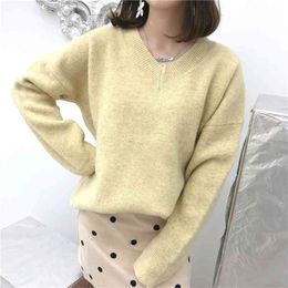 Autumn Winter Korean Women Sweater Knitted Top Solid Color V-neck Casual Loose Long-sleeved 210427