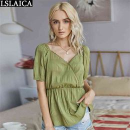 Women Blouses Half Sleeve V-Neck Shirt Solid Loose Vintage Lace Patchwork Casual Blouse Elegant Streetwear Tops 210515