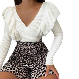 Women Sweaters Autumn Winter Sexy V-Neck Low Cut Ruffles Decor Solid Color Slim Pullover Ladies Long Sleeve White Knitted Jumper 210522