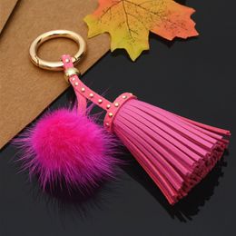 Keyring Leather Tassel Keychain Fur Ball Pompom Keychain Car Fur Pompons Bag Charms With Chains Keyring Key Holder Gift