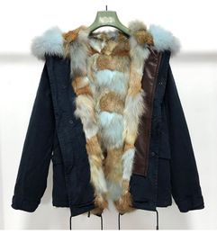 Keep warm raccoon furs trim women snow parka MMI brand sky blue brown Multicolour coyote fur lined navy canvas mini jacket