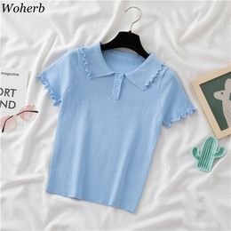 Summer Solid T Shirt Women Short Sleeve Knitted Tshirts Slim Korean Fashion Tees Peter Pan Collar Ruffles Casual Tops 210519