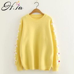 H.SA Women Winter Yellow Sweater Oneck Floral Knit Jumpers Long Sleeve Loose Solid Warm Thick Pullover Sweaters 210417