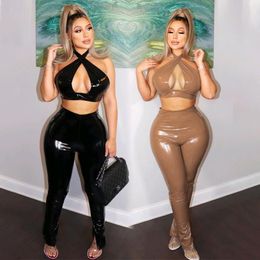 Women's Tracksuits Pu Faux Leather Two Piece Set Woman Halter Hollow Out Crop Top And High Waist Slim Leggings Night Club Party Outfits