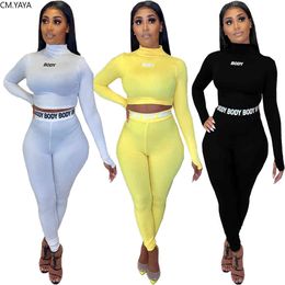 CM.YAYA Women Sets Summer Tracksuits Slim Letter Print Skinny Crop Tops+Pants Suit Two Piece Set Night Club Outfits 2Pcs Street X0428