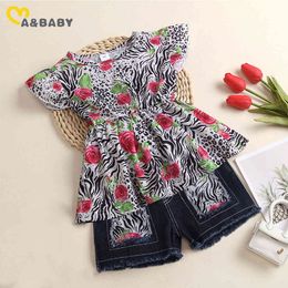1-6Y Summer Casual Kid Children Baby Girl Clothes Set Leoaprd Flower T shirt Denim Shorts Jeans Outfits Costumes 210515
