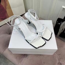 Summer simple thick heel square sandals new high quality cross leather high heels elegant open toe middle heel women with box and dustbag
