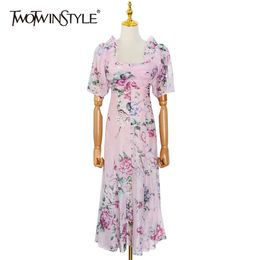 Pink Print Dress For Women Square Collar Puff Short Sleeve High Waist Midi Dresses Female Summer Fashion Style 210520