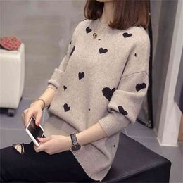 Cartoon Love Pattern Knitted Sweater Female Round Neck Long Sleeves Loose Simple Elegant Pullover Jumpers Women Spring Autumn 210427