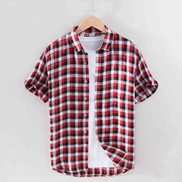 Red Plaid Short Sleeve Shirt for Men 100% Pure Linen Casual Turn-down Collar Tops Summer New Male Button Up Shirt 210421