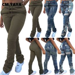 CM.YAYA Fake Jeans Print Women Pants Legging High Waist Flare Bell Bottom Ruched Stack Trousers Draped Jogger Sweatpants 211007