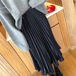 Autumn Fashion skirts for womens winter high waist metallic pleated female mid-length wavy a-line Office Lady 210508