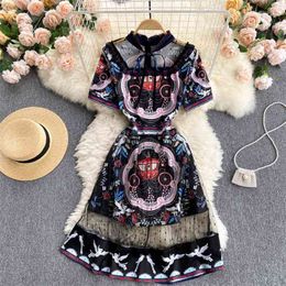 Europe Style Summer Women Short Sleeve Retro Print Patchwork Mesh Fashion A-line Dress Female Party Dresses 210428