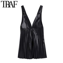 TRAF Women Fashion Faux Leather Pleated Mini Pinafore Skirt Vintage V Neck Wide Adjustable Straps Female Skirts Mujer 210415