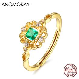 Cluster Rings Anomokay Openwork Vintage Flower Square Green Zircon Light Gold Colour For Women Luxury Adjustable 925 Silver Ring Jewellery