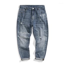 Men's Jeans Ripped Men Blue Stretch Capris Pants Trendy Printed Patterns Destroyed Hip Hop Cropped Trousers Baggy Harem