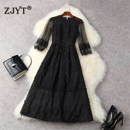 High Quality Runway Fashion Designers Spring Summer See Through Embroidery Mesh Lace Dress Party Sexy Robe Black Vestidos 210601