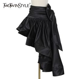 Black Bowknot Patchwork Skirt For Women High Waist Asymmetrical Pleated Solid Skirts Female Summer Clothes 210521