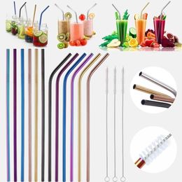 6*215mm Stainless Steel Drinking Straws Reusable Colourful Metal Straw Cleaning Brush for Party Wedding Bar
