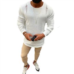 Kazak Erkek Men Autumn Winter Round Neck Hole Fashionable Sweaters for Teens Male Casual White Regular Knit Sweater Tricot Homme 210604