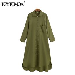 Women Chic Fashion Pockets Linen Asymmetric Midi Shirt Dress Long Sleeve Button-up Female Dresses Mujer 210420