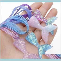 Necklaces Pendants Jewelry Design Mermaid Beauty Gardient Color Resin Fish Tail Pendant Ribbon Wax Rope Necklace For Girls Women Drop
