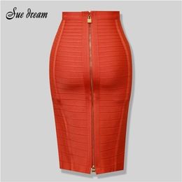 High Quality New Women's Sexy Black Red Blue Orange Zipper Rayon Bandage Skirt Bodycon Club Party Pencil Skirt 210401