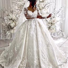 Ball Gown Wedding Dress Sweetheart Neckline Hand Made Flowers 3D Flowers Long Sleeve Puffy Floor Length Bridal Dresses