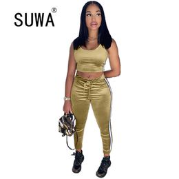 Women Lounge Wear Set Velvet 2 Piece Outfits Vest Crop Top + Sport Pants Soft Sweatpants Tracksuit Womens Casual Comfort 210525