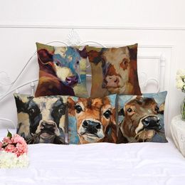 Cattle Cows Painting Cushion Cover Cotton Linen Decorative Pillowcase Chair Seat Square 45x45cm Pillow Home Living Textile Cushion/Decorativ