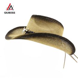 Cloches QIUBOSS High-Q Wide Brim Paper Straw Beach Hat Men Women Bull Head Ribbon Decorate Black Spray Paint Cowboy Hats Panama Sunhat