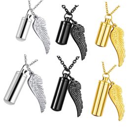 urn with angel NZ - Cremation jewelry Cylinder pendant necklace Angel wings keepsake stainless steel ashes urn