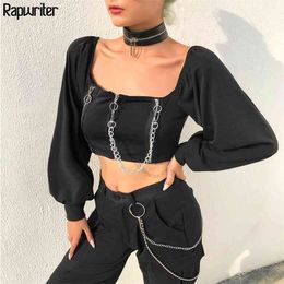 Gothic Chain Zipper Square Collar Long Sleeve Black T-shirt Women Streetwear Stretch Harajuku Short Tee Shirt 210510