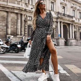 Autumn V Neck Ruffles Long Print Wrap Dress for Women Casual Slim Sleeve Split Female Elegant Maxi Party Vestido 210427