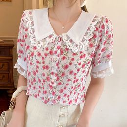 Summer Women Designer Sweet Pink Floral Peter Pan Collar Chiffon Blouse Puff Sleeve Vintage Shirts Ladies Casual Top 210518
