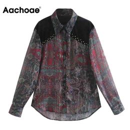 Aachoae Chic Women Velvet Patchwork Chiffon Blouses Printed Long Sleeve Turn Down Collar Shirt Ladies Sequined Decorate Tops 210413