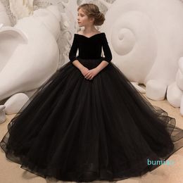 2022 corset princess dresses Abiti da ragazza Principessa Black Flower Girls Dress Dress con 3/4 manica Abito da ballo Bordo Corsetto Indietro Bambini formali Vestidos per matrimonio
