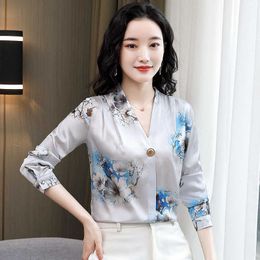 Korean Women Silk Shirt Blouses Woman Satin Floral Blouse Shirts Long Sleeve Tops Print Top Plus Size 210604