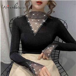 Black T-shirt Women Diamonds Patchwork Half Turtleneck Long Sleeve Cotton Stretchy Casual Tops Tees T01407Y 210421