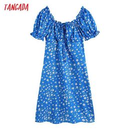 Tangada Women Chic Fashion Floral Print Mini Dress Off Shoulder Vintage Puff Sleeve Female Dresses Mujer BE913 210609