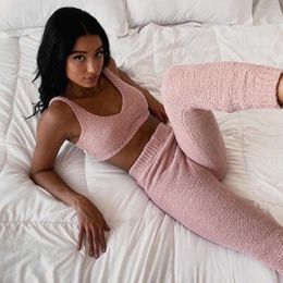 Women Fluffy Two Piece Set Lounge Sexy Sweater Knit Suit Tank Crop Top And Pants Casual Soft Comfort Bra Outfits HomeSuit 2020 Y0625