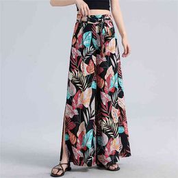 S-4XL Large Size Women's Trousers Printed Floral Wide Leg Casual Pants Elastic Waist Lace-up Sexy Slits Plus 210601