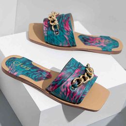 Women Slippers Square Head Sexy Colorful Upper Open Toe Large Size 42 Sandals 2021 Summer Wtern Style Flat Sho