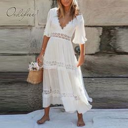 Summer Women Long Party Short Sleeve White Lace Vocation Maxi Tunic Beach Dress 210415